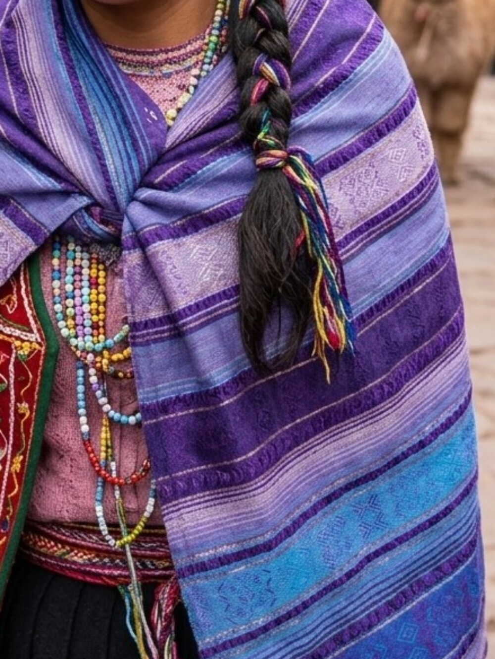 Peruvian Handmade Purple and Blue Striped Shawl Scarf Tassels Metallic Threads